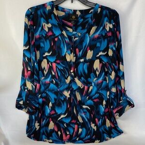 JM Collection Women's Blue Abstract Print Blouse 3/4 Sleeves Size M